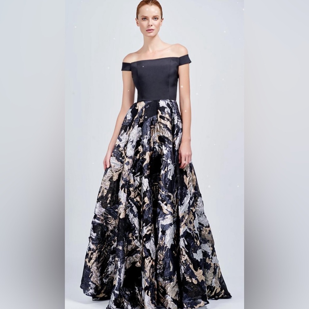 Off the shoulder dress with black, gold, & silver skirt in excellent condition.